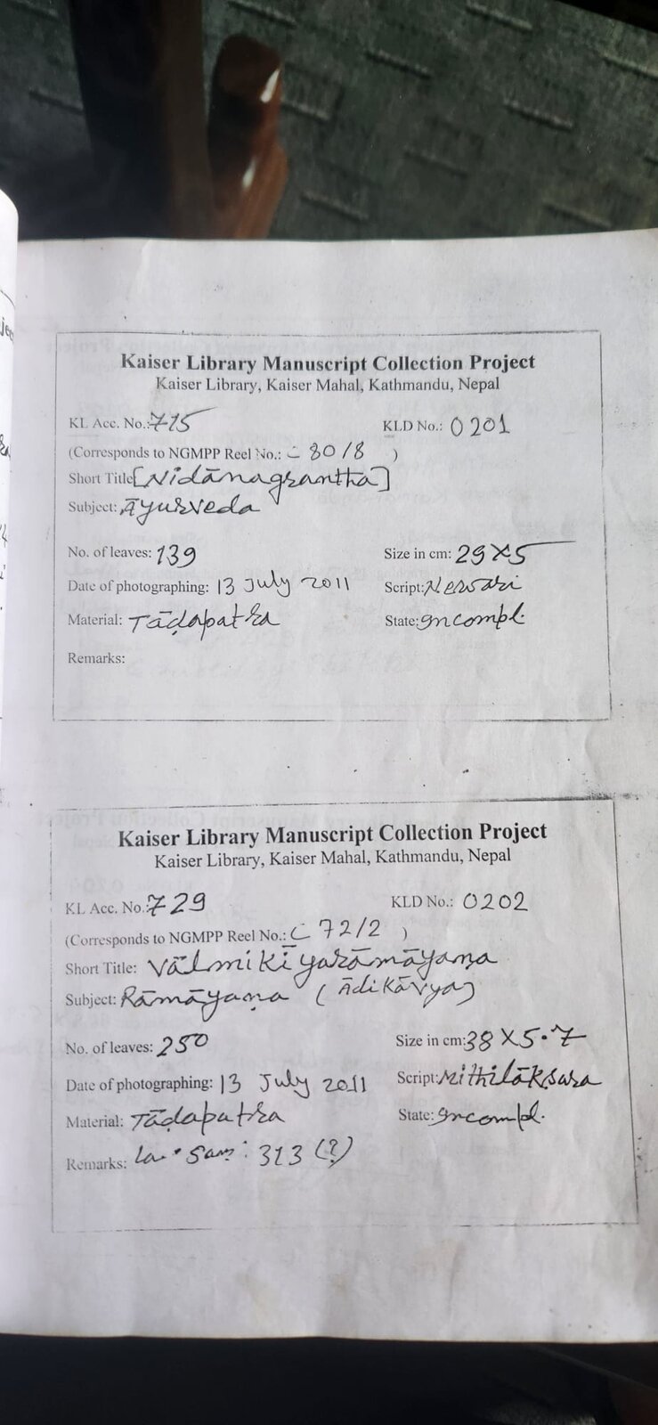 A page from the Kaiser Library Manuscript Collection Project register, with entries for KL 715 and KL 729